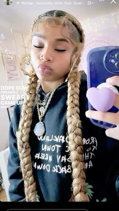 Natural Hairstyles For Black Women Pony, Big Braids Black Women, Continuation Hairstyles, Two Braids With Color, 2 Stitch Braids With Curls, How To Do Two Braids, Side Part 2 Braids, Hair Styles For The Summer, 2 Boho Feed In Braids