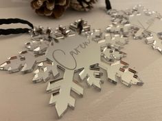 a snowflake ornament with the word winter written on it and some pine cones in the background