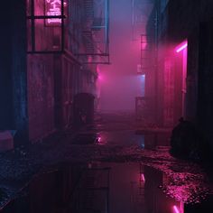 a dark alley with red and blue light coming from the windows on either side of it