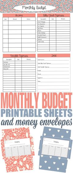 a printable budget sheet with the words money budget and money envelopes