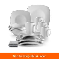 white dishes and cups with the words now trending $ 50 & under