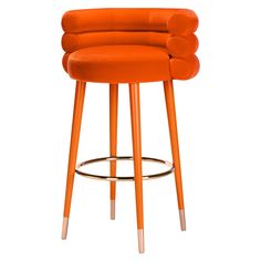 an orange bar stool with four legs and a round seat on the bottom, in front of a white background