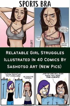 the comic strip shows how women are doing different things in sports bras, and what they