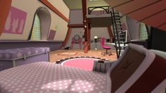 an animated view of a living room with pink and purple furniture in the background,