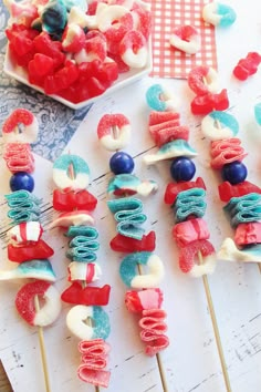 the fourth of july candy kabobs are ready to be eaten