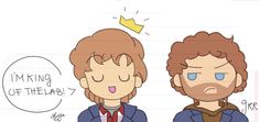 two people with different facial expressions, one has a crown on his head and the other has