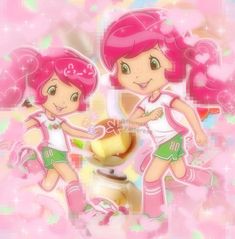 two cartoon girls with pink hair and green shorts