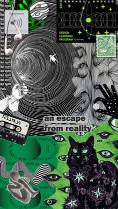 a collage of various images with words and pictures on them, including an image of a cat