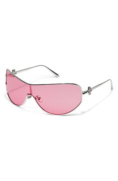 Polished metal frames elevate the modern vibe of these shield sunglasses fitted with UV-protective lenses. 51mm lens width; 14mm bridge width; 128mm temple length 100% UV protection Metal Imported Modern Pink Shield Sunglasses With Tinted Lenses, Modern Pink Tinted Shield Sunglasses, Modern Metal Shield Sunglasses With Tinted Lenses, Modern Rimless Shield Sunglasses With Metal Frame, Modern Pink Aviator Sunglasses, Shield Sunglasses, Metal Frames, Modern Vibe, Silver Roses