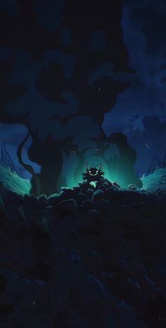 an animated image of a man standing in the middle of a dark forest at night