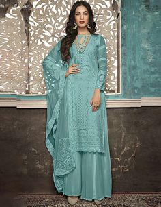 Blue Palazzo style Suit Faux Georgette Plazzo Suits, Suit Collection, Punjabi Dress, Georgette Tops, Palazzo Suit, Salwar Kamiz, Neck Deep, Designer Salwar Suits, Salwar Suit