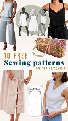 sewing patterns for women's pants and skirts with text overlay that reads, 10 free sewing patterns for spring / summer