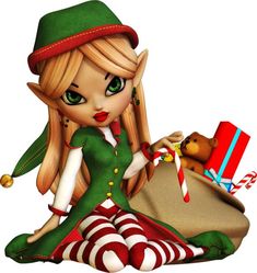 a elf sitting on the ground with a teddy bear next to her and holding a candy cane