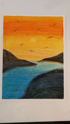 an image of a painting with birds flying in the sky above water and land at sunset