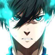 an anime character with black hair and blue eyes looks at the camera while staring straight ahead