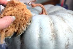 a hand holding a piece of fabric over a pumpkin