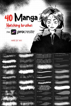 an anime character is shown with the text 40 manga hatching brushes for procreate