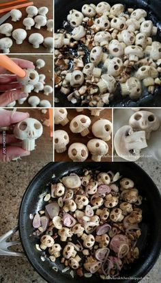 the process of cooking mushrooms in a skillet is shown with pictures showing how to cook them