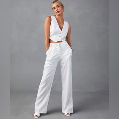 True To Size Self65% Rayon, 35% Polyester, Lining 100% Polyester Machine Wash Cold, Hang Dry Structured Waistband High Rise Pocketed Wide Leg Front Zipper With Button Closure Lined White Summer Trousers Pantsuit, White Trousers Pantsuit For Summer, White High-waisted Summer Pantsuit, Summer White High-waisted Pantsuit, High Waisted White Pants, Crinkle Top, 70s Inspired Fashion, Wide Leg Palazzo Pants, Striped Wide Leg Pants