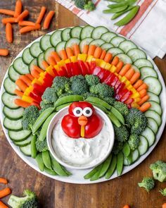 a turkey made out of veggies and carrots on a plate with dip in the middle