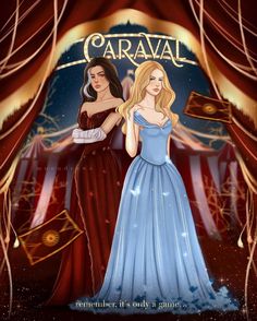 two women dressed in evening gowns standing next to each other under a canopy with the words caraval on it