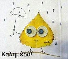 a yellow leaf with googly eyes holding an umbrella