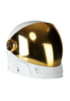 a gold and white helmet on a white background