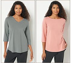 Sure, you have your basics. But, you definitely don't have any basic tops as comfy, silky, and chic as this set of two everyday-wear tops. Once you slip them on, you'll see just why these shirts deserve a feature in your weekly lineup! (Plus, choose the flirty V-neck or flattering bateau-neck, depending on your OOTD -- we love options!). From Belle by Kim Gravel. Comfortable Versatile Loungewear Tops, Comfortable Solid Color Versatile Tops, Basic Spring Loungewear Tops, Kim Gravel, Bateau Neck, Peasant Blouse, Basic Tops, Knit Set, Sweater Sleeves