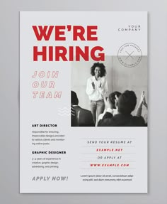 a flyer for an event with a woman in front of a crowd and the words we're hiring on it