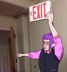 a cartoon character holding up a sign that says exit and pointing to the right with both hands