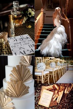 a collage of photos with different types of wedding decorations and items on them, including a bride's dress