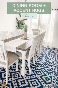 the dining room and accent rugs are all white, with blue patterns on the floor