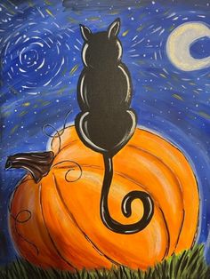 an acrylic painting of a cat sitting on top of a pumpkin with the moon in the background