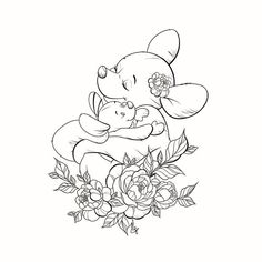 winnie the pooh hugging her teddy bear with flowers on it's chest, in black and white