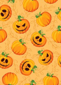 halloween pumpkins with faces and leaves on an orange background