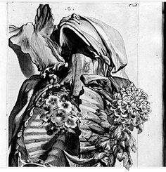 an old black and white drawing of a woman with flowers