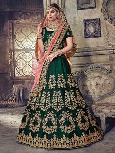 Velvet Embroidered Lehenga Set in Dark Bottle Green Green Lehenga Choli, Pakistani Lehenga, Brocade Lehenga, Velvet Lehenga, Bollywood Lehenga, Green Lehenga