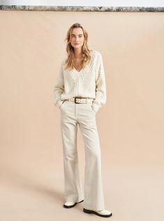 Scotia V Neck Sweater – La Ligne Cream V-neck Sweater For Workwear In Fall, Cream Cashmere V-neck Sweater, Chic Beige V-neck Sweater For Fall, Chic Cashmere Chunky Knit Sweater, Chic Cream V-neck Sweater For Fall, Chic Cream V-neck Sweater, Chic Chunky Knit Cashmere Sweater, Chic V-neck Sweater, V-neck Cable Knit Sweater For Work