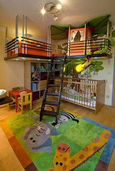 a child's bedroom with bunk beds and rugs