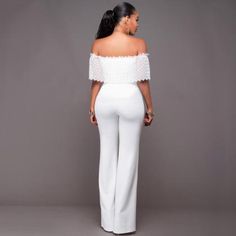 Sexy White Off Shoulder Lace Long C.. Sadi Style, White Long Jumpsuit, Unique Jumpsuits, Club Jumpsuit, Chic Couture Online, Evening Jumpsuit, Top Strapless, Wideleg Pants, Eyelet Top