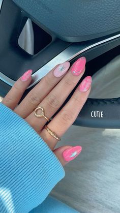 #almondnails #summernails #pinknails #funnails #asthetic Pink Nails W Gems, P!nk Nails, Different Nail Designs On Each Nail, Birthday Pink Nails, Pink Birthday Nail Designs, Pink On Pink Nails, Pink Almond Nail Designs, 18th Birthday Nails, Pink Nails With Design