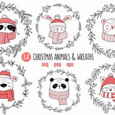 christmas animals and wreaths in hand drawn style