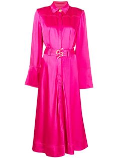 fuchsia pink satin classic collar concealed front fastening belted waist faux-pearl detailing long sleeves buttoned cuffs straight hem mid-length Pink Belted Midi Dress For Party, Elegant Pink Belted Midi Dress, Elegant Belted Shirt Dress For Party, Luxury Belted Midi Dress, Belted Dress With Cuffed Belts For Party, Luxury Pink Midi Dress For Spring, Chic Pink Belted Midi Dress, Long Sleeve Pink Belted Midi Dress, Elegant Pink Shirt Dress For Work