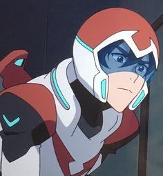 the animated character is wearing a red and white suit with black accents on his face