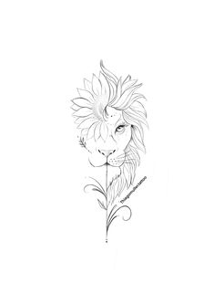 a black and white drawing of a lion's face with flowers in the foreground