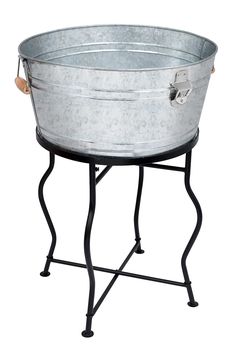 a metal tub on a stand with a wooden handle