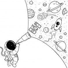 an astronaut is reaching up to the sky with his hand and looking at other planets