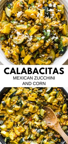 mexican zucchini and corn salad in a white bowl with a wooden spoon on the side