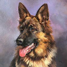 a painting of a german shepherd dog with its tongue out and it's eyes open