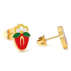 Strawberry Native Floral 18k Gold Plated earring Studs Native Heart Berry (Strawberry)   otêhimin, I love you! Like a strawberry, kisâkihitin The heart Berry ❤️ Many cultures consider the strawberry plant to be a woman's medicine. It is used to teach young women about creation, community and love.   Size is 10mm Sweet Gold Jewelry For Valentine's Day, Valentine's Day Sweet Gold Jewelry, Sweet Gold Earrings For Gift, Second Lobe Piercing, Strawberry Jewelry, Native Fashion, Strawberry Plant, Beautiful Flower Designs, Strawberry Plants